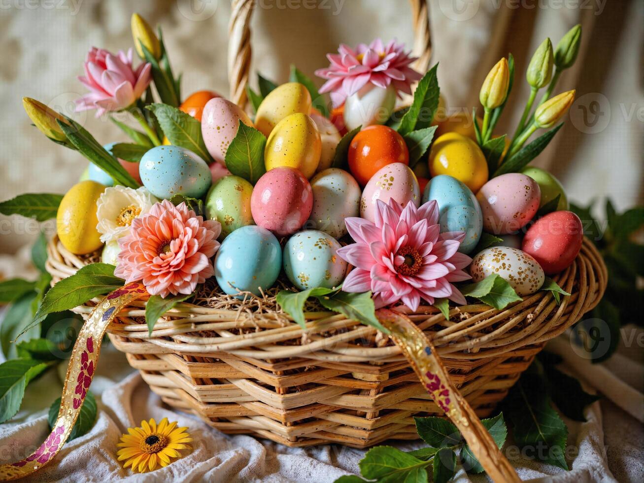 A basket filled with colorful eggs and flowers photo