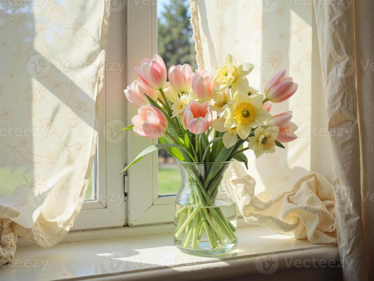 A vase of flowers sitting on a window sill photo