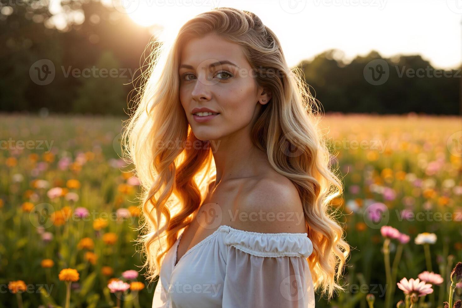 A beautiful young woman in a field of flowers photo