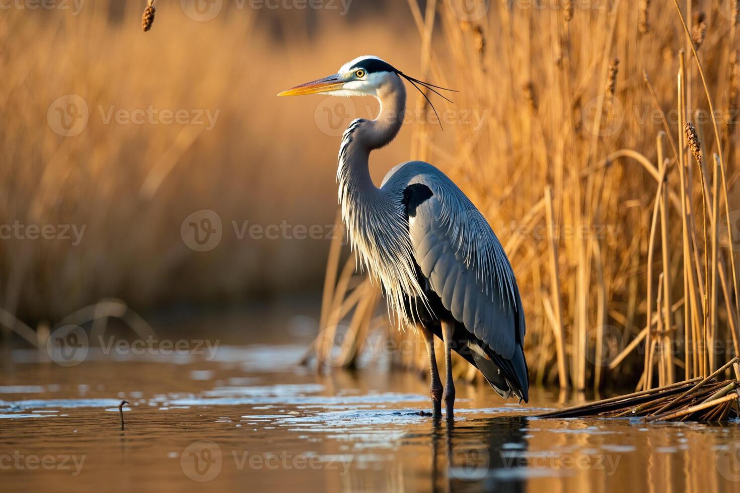 A heron standing in the water near tall reeds photo
