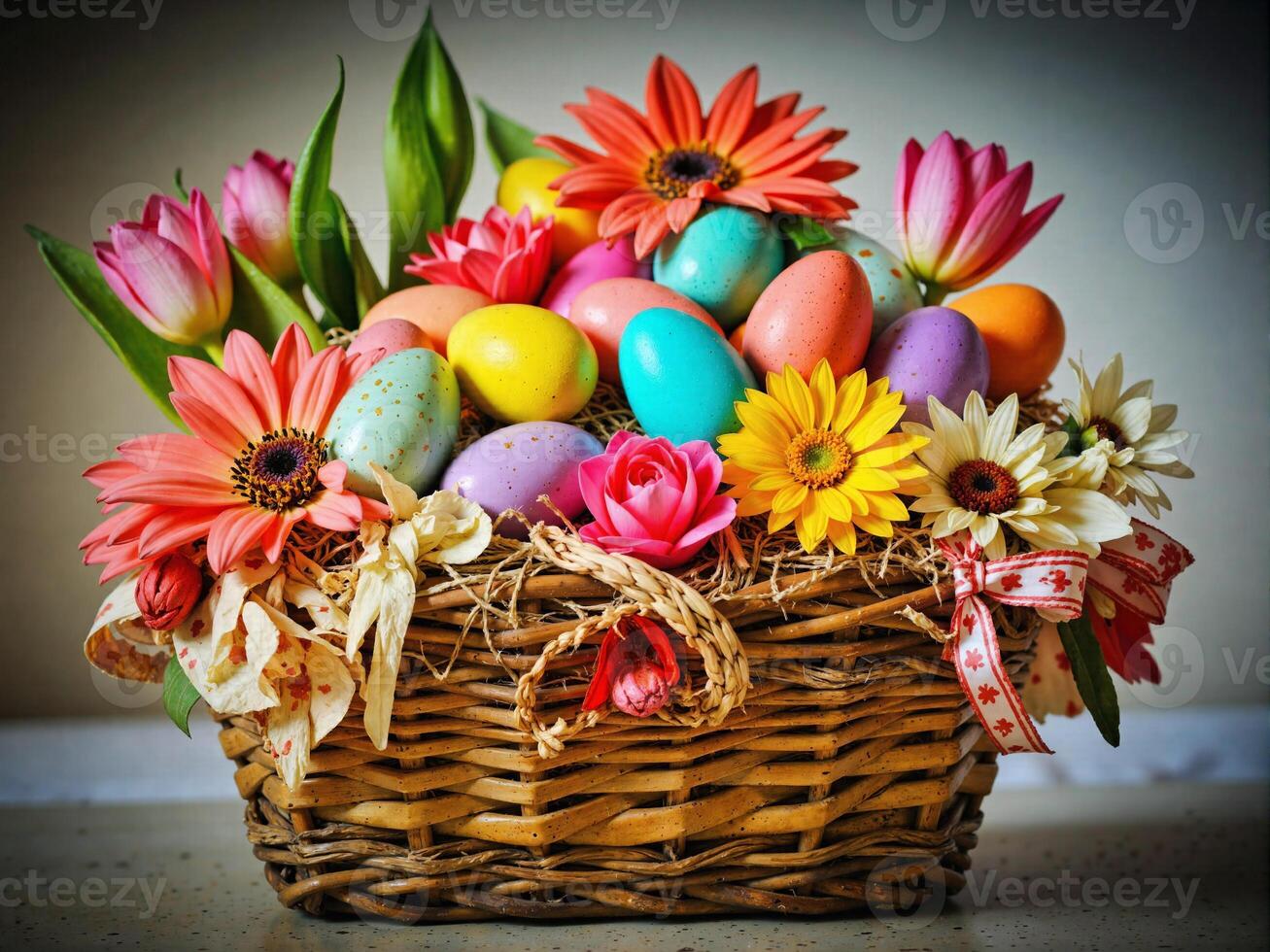 A basket filled with colorful eggs and flowers photo