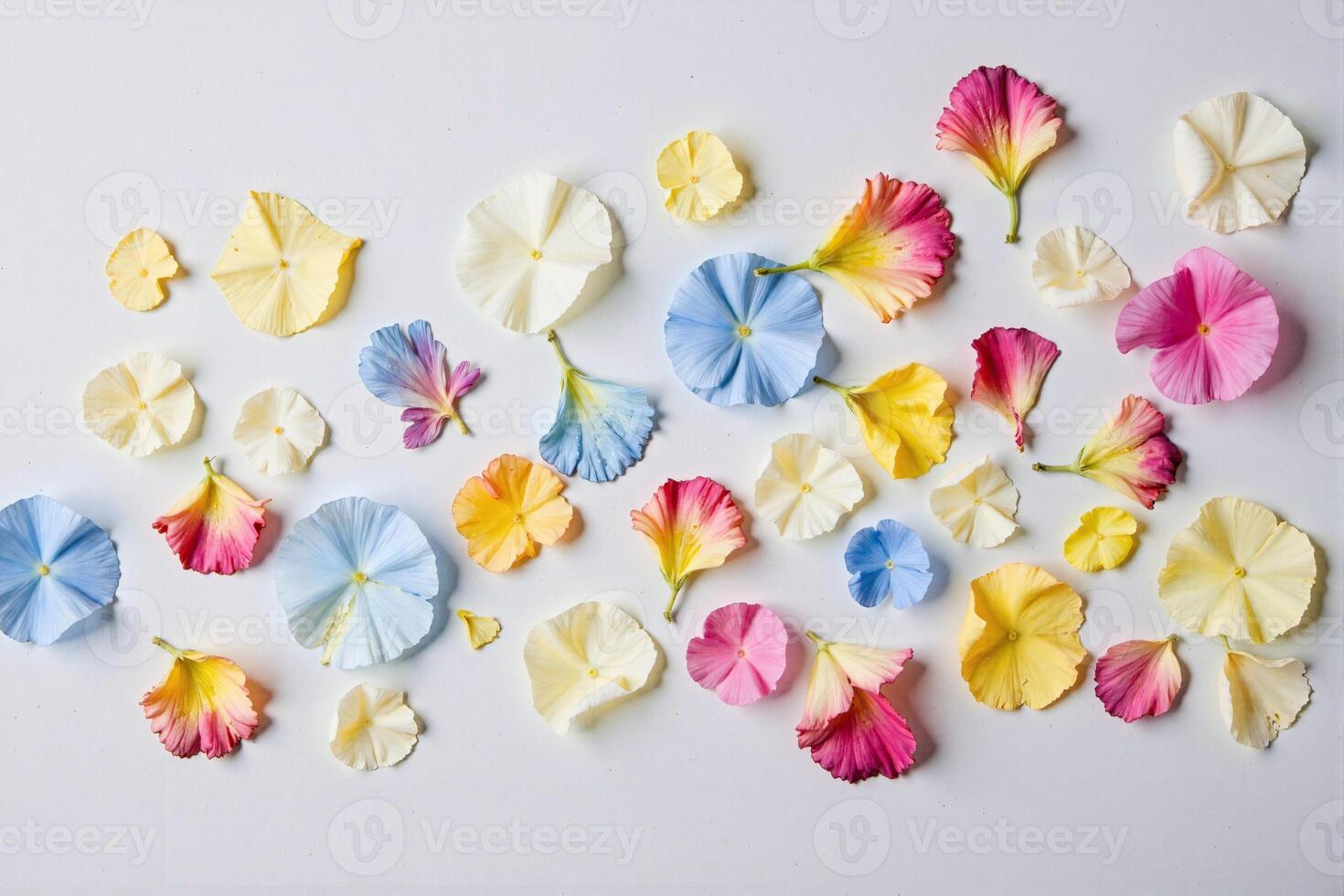A group of flowers arranged in a circle on a white surface photo