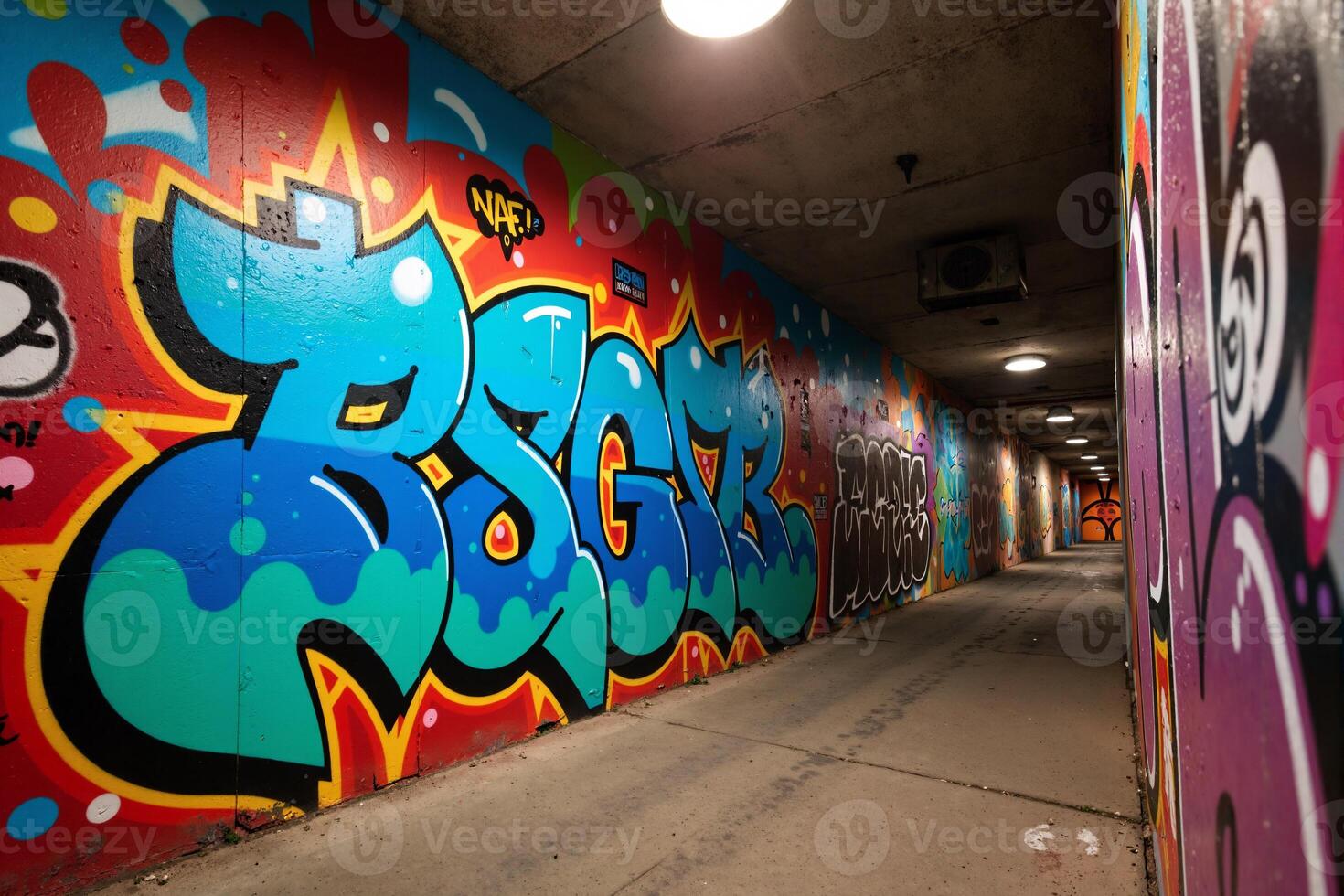 A graffiti covered tunnel with a light at the end photo