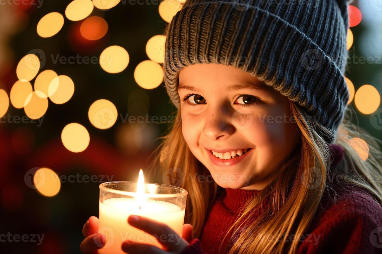 A young girl holding a candle in front of a christmas tree photo
