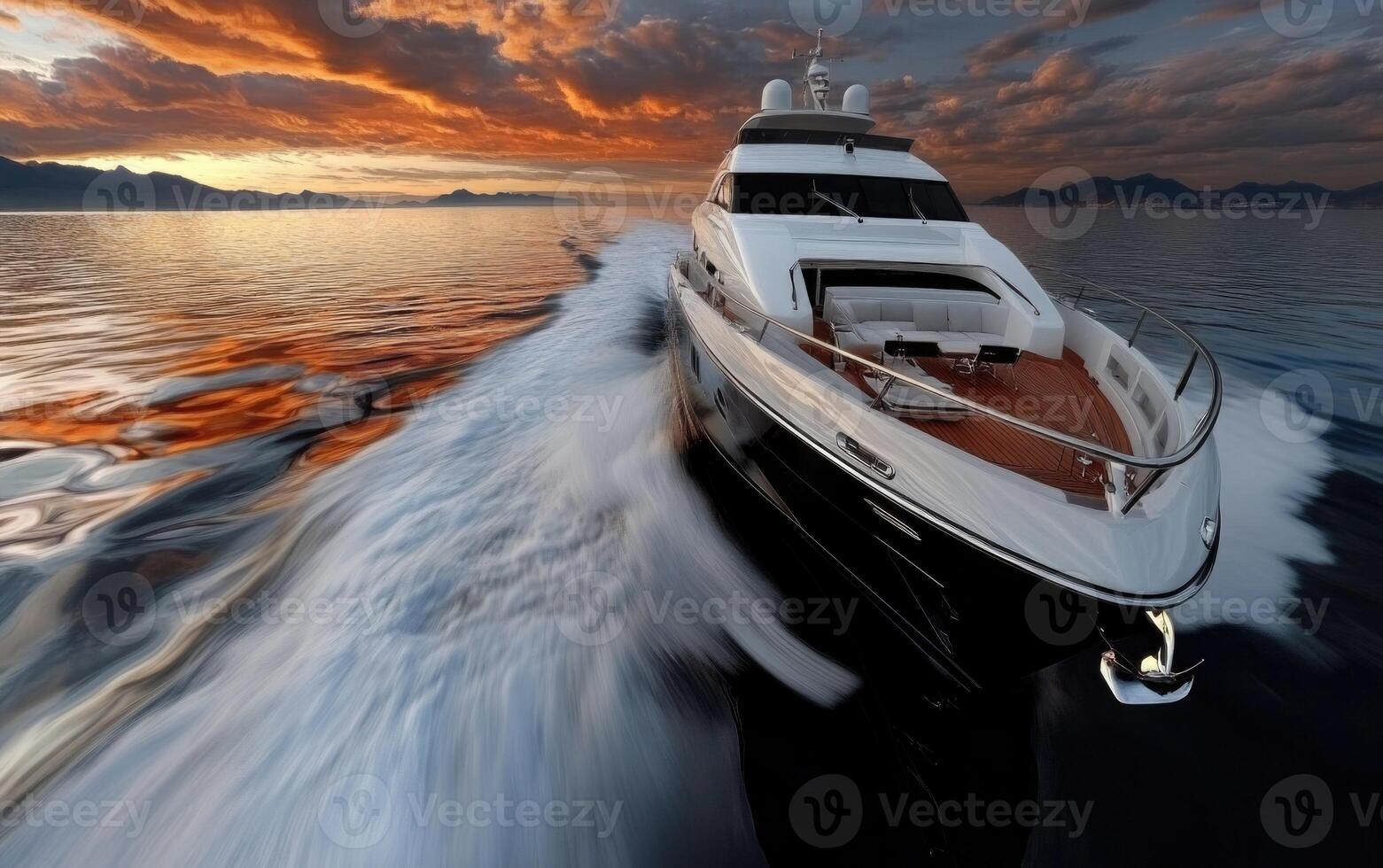 A sleek luxury yacht glides through calm water as the sun sets, casting brilliant orange and purple hues in the sky. The serene ambiance enhances the stunning view of nature photo