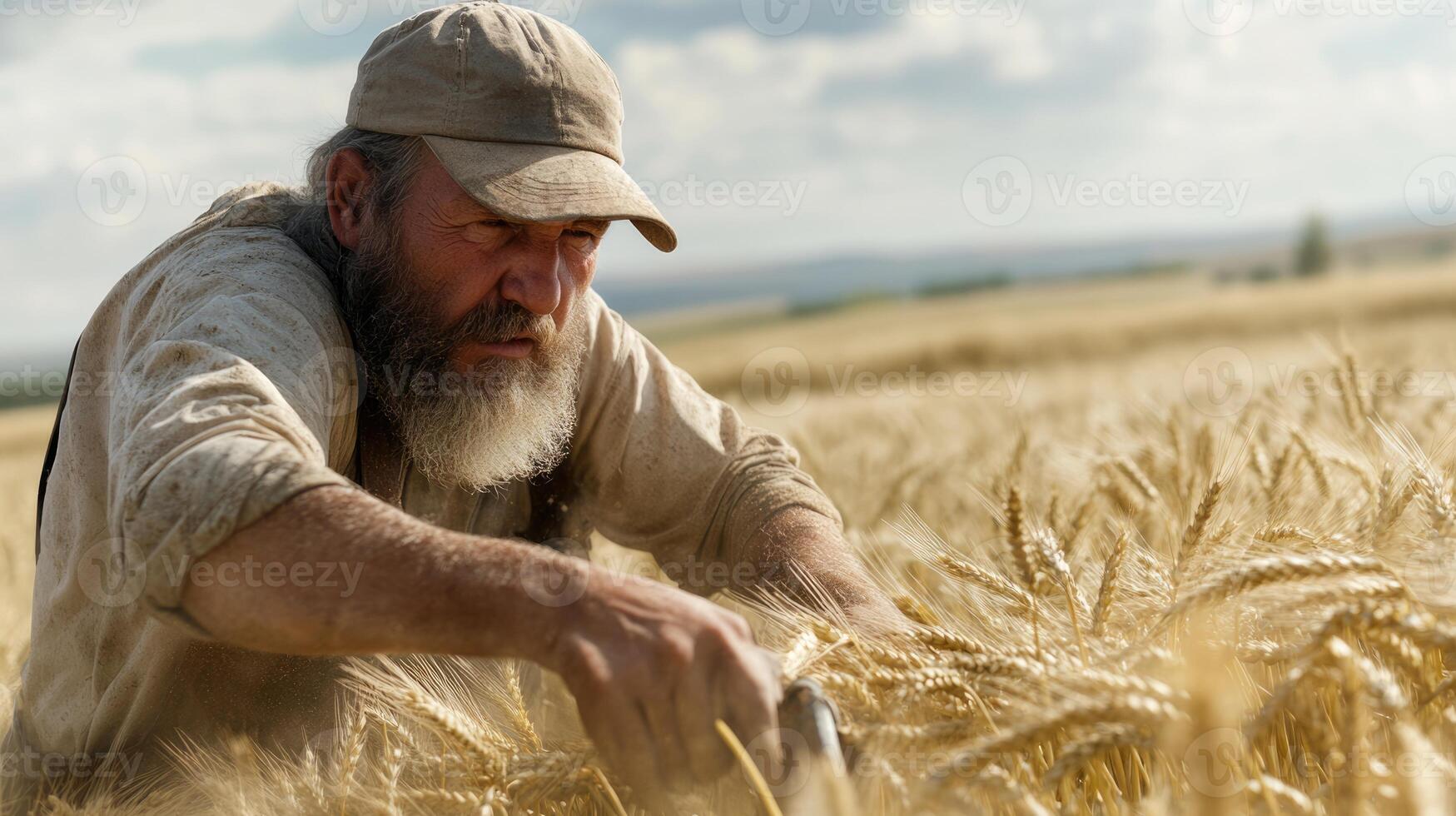 A farmer carefully harvests ripe wheat in a golden field under a clear sky. The warm sunlight enhances the serene atmosphere of the late summer afternoon photo