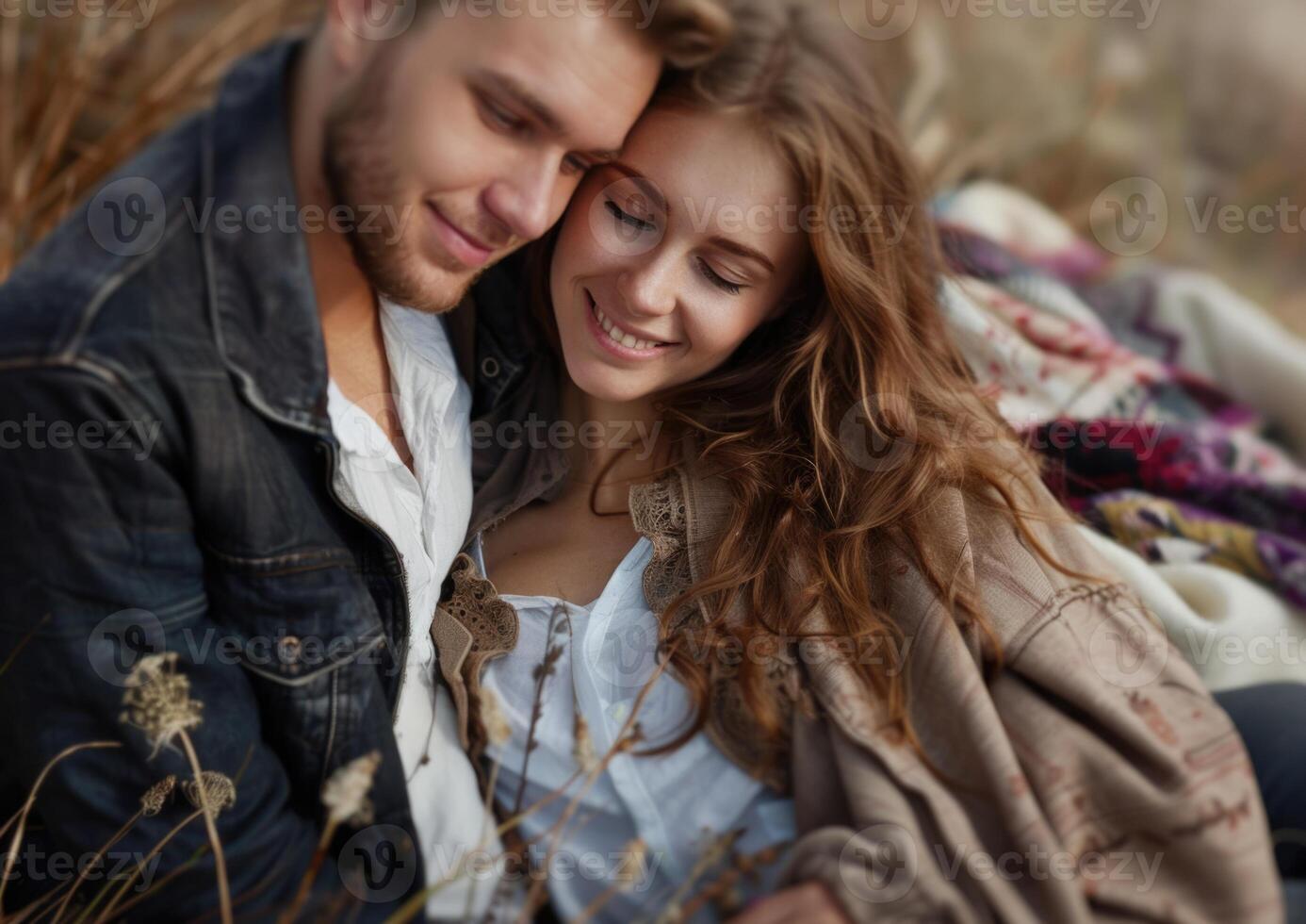 A young couple embraces each other warmly in a sunlit field, surrounded by tall grasses. They share laughter and love, creating a cozy atmosphere during a crisp autumn day photo