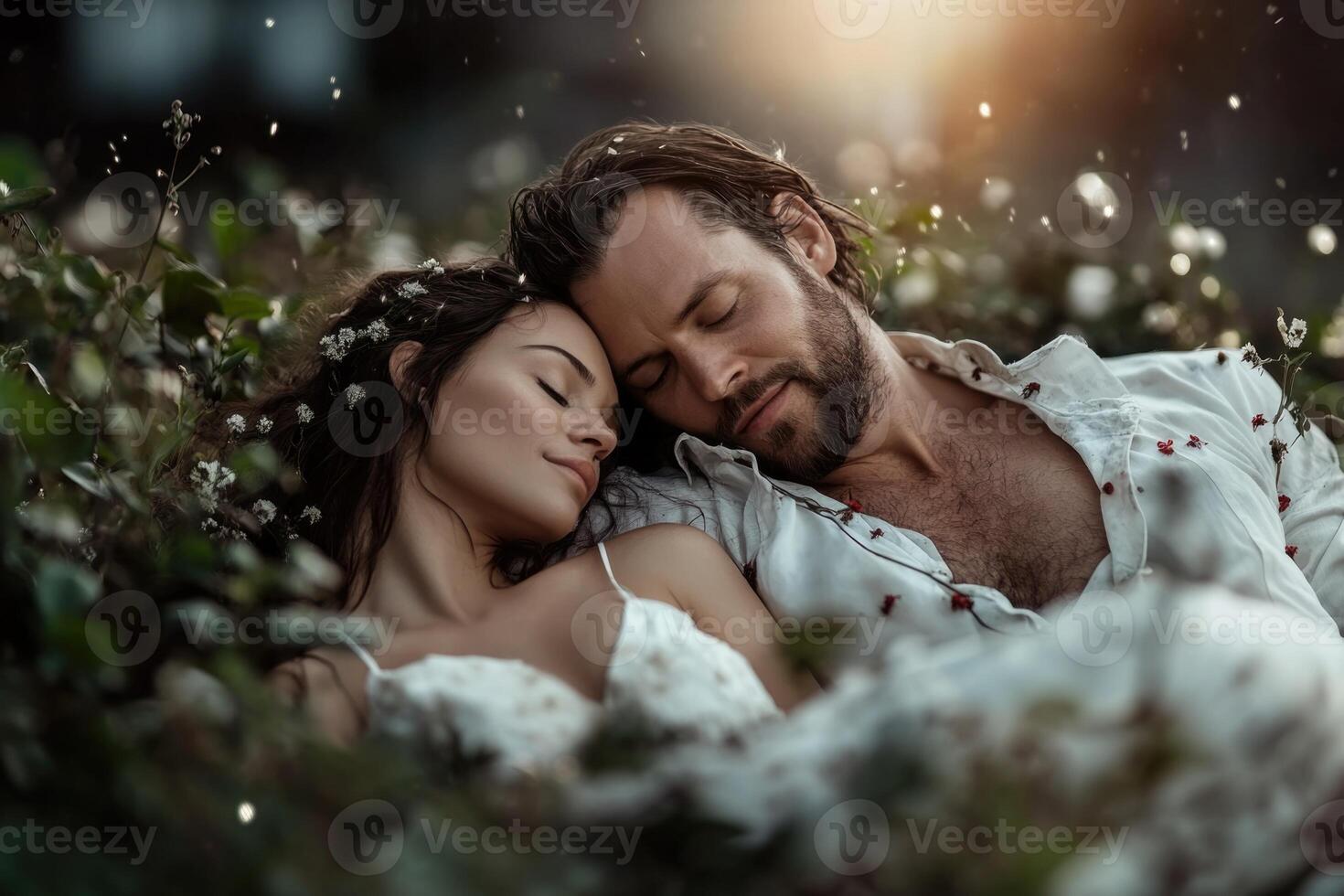 A couple relaxes together in a blooming meadow, nestled among vibrant flowers. The soft light of the setting sun creates a warm atmosphere, enhancing their peaceful embrace photo