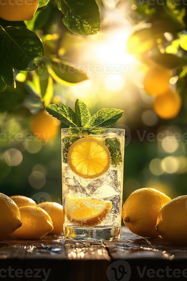 A glass filled with a sparkling lemon beverage sits on a wooden surface, decorated with fresh mint and lemon slices photo