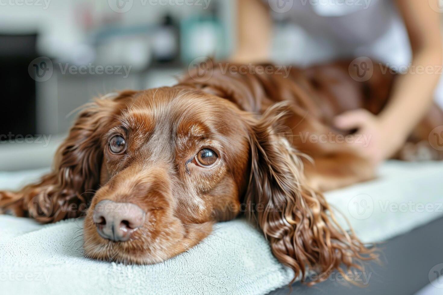 On World Veterinary Day, a veterinarian is gently attending to a brown dog while providing care and attention to ensure its health and comfort. The atmosphere encourages pet wellness and happiness photo