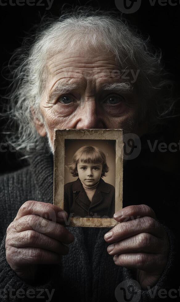 An elderly individual stares intently while holding a faded photograph of a young girl. The soft light highlights the emotion on the person's face, evoking memories and nostalgia photo
