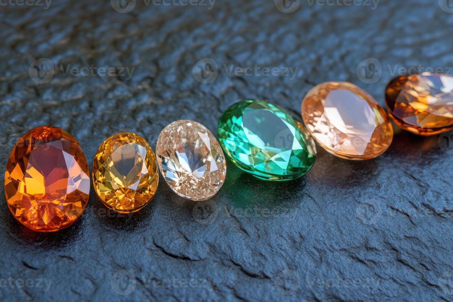 Vibrant gemstones in various shapes and colors are artistically arranged on a dark textured background, showcasing their brilliance and natural beauty under light photo