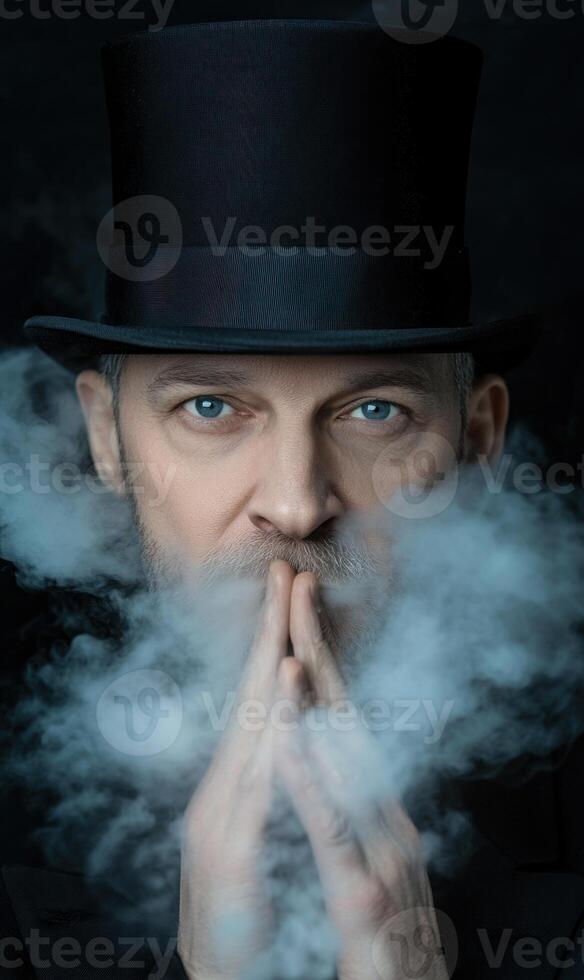 A performer wearing a top hat engages the audience with a captivating display of smoke. His intense gaze and crossed fingers create an atmosphere of mystery and enchantment photo