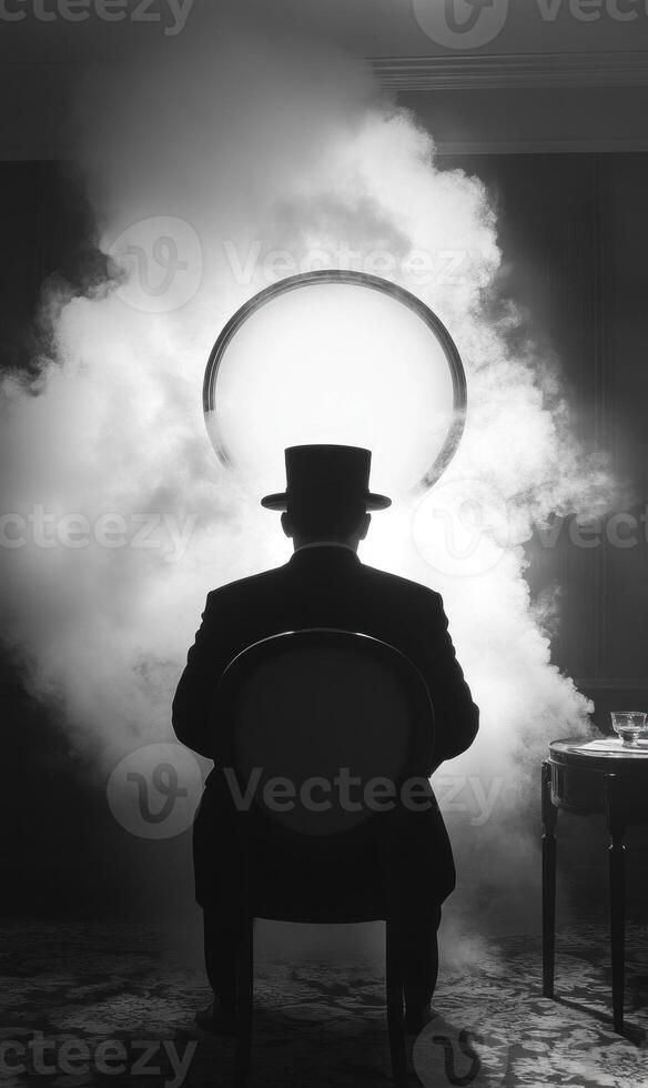 A mysterious figure sits in a chair, wearing a top hat, surrounded by swirling smoke. An illuminated crystal ball glows behind him, creating an enchanting atmosphere photo