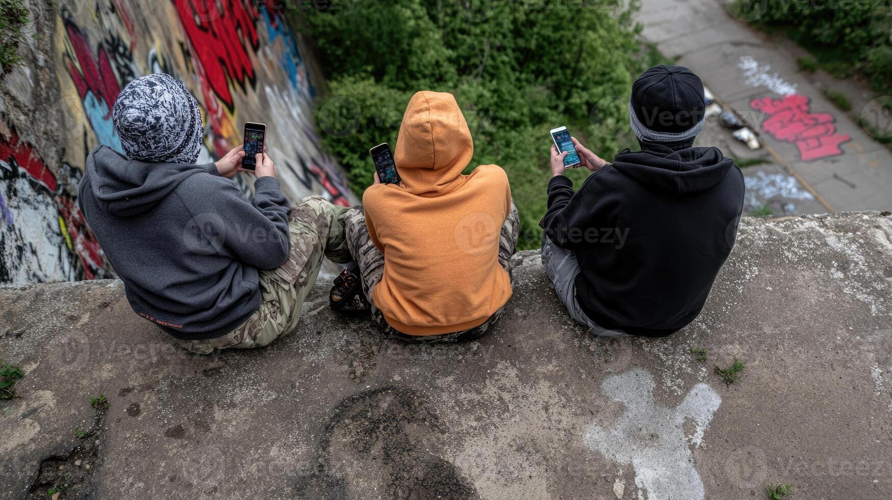 Three young individuals sit on the edge of a concrete ledge, focused on their smartphones in a lush green area with graffiti art. The river flows below them, adding to the atmosphere photo
