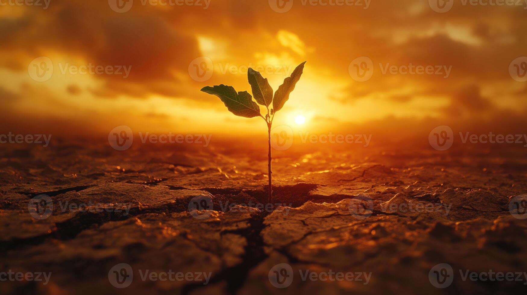 A small green plant breaks through cracked soil under a vibrant sunset, symbolizing hope and growth amidst difficult conditions in a serene landscape photo