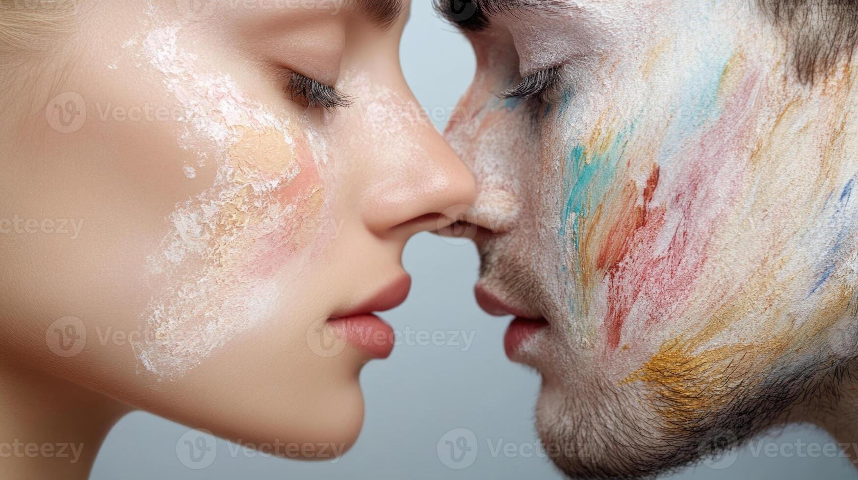Two individuals are engaged in a close moment, showcasing vibrant face painting. Their expressions reflect a blend of creativity and connection, emphasizing the art on their skin photo