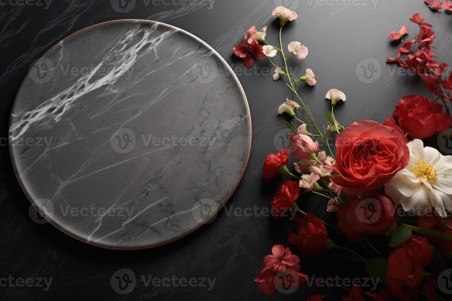 A beautifully arranged display features a marble-like plate set against a dark textured background, surrounded by vibrant red and pink flowers, creating a striking contrast and visual appeal photo