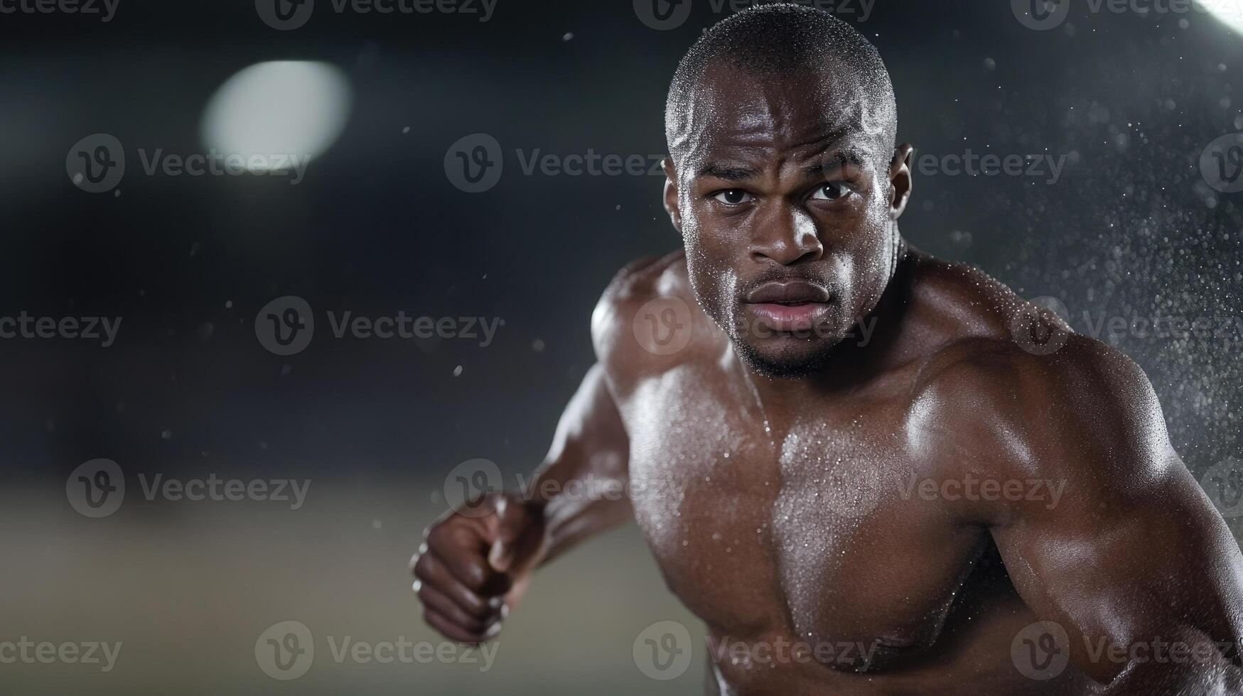 A muscular athlete sprints through pouring rain on a well-lit track, displaying focus and determination during a late-night training session. The atmosphere is charged with intensity and dedication photo