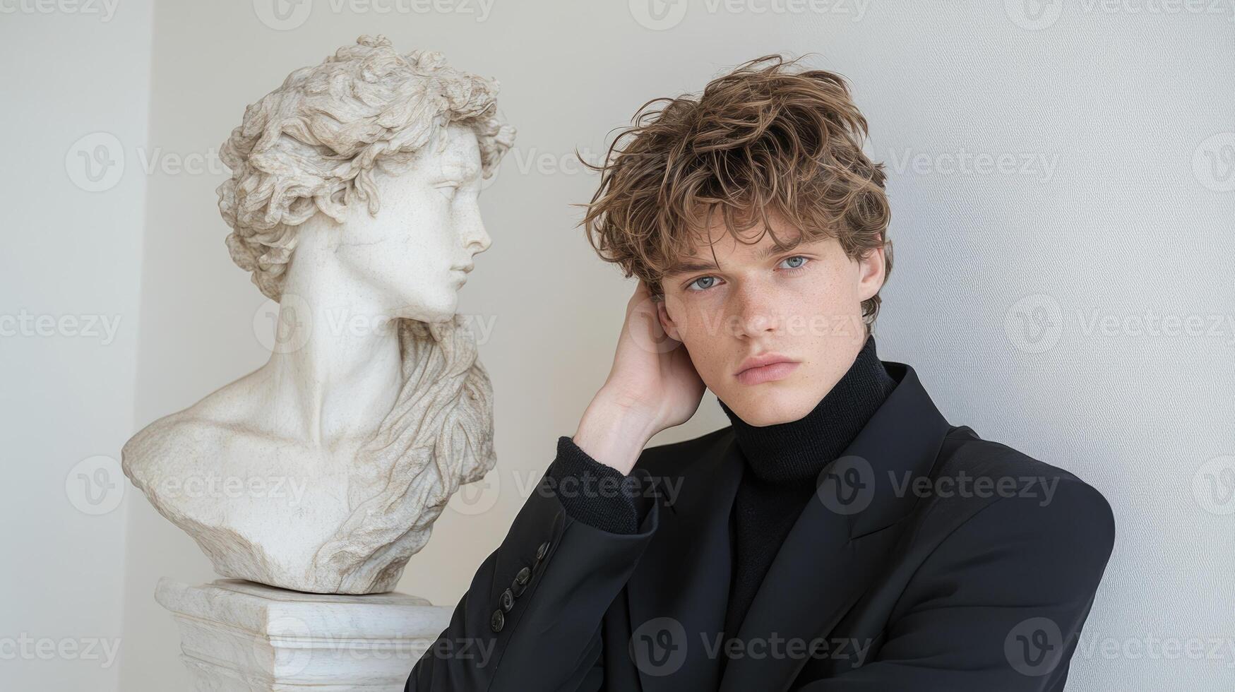 A young model stands in a contemporary interior, one hand on his neck, gazing into the distance. A classic marble sculpture of a man is positioned beside him, complementing the modern decor photo