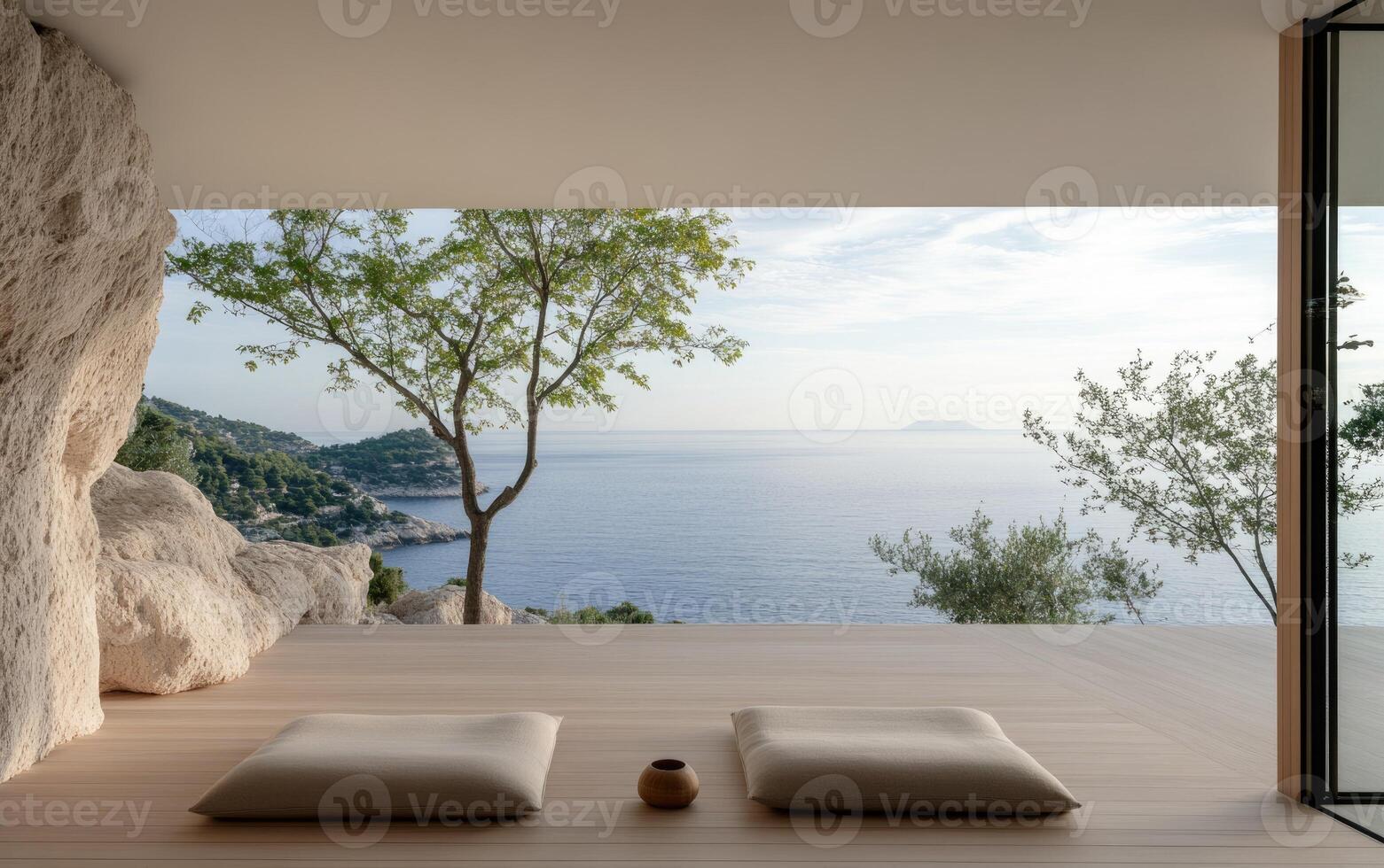 A serene interior features two cushions on a wooden floor, complemented by a panoramic window showcasing tranquil waters and a scenic landscape under a clear sky photo