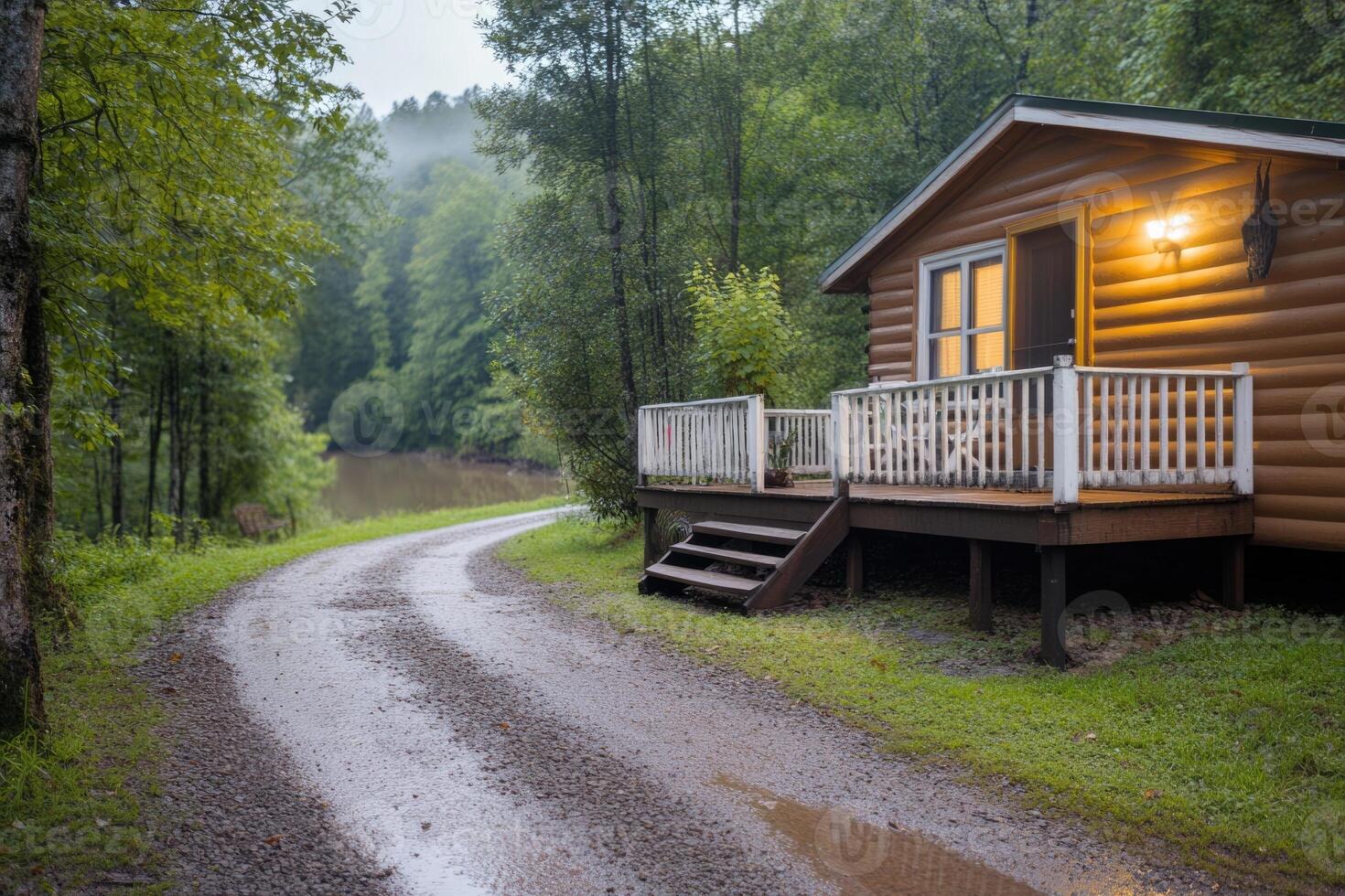 A charming cabin sits by a serene lake, illuminated by warm light. The path winds through vibrant greenery, evoking a peaceful atmosphere on a misty morning photo