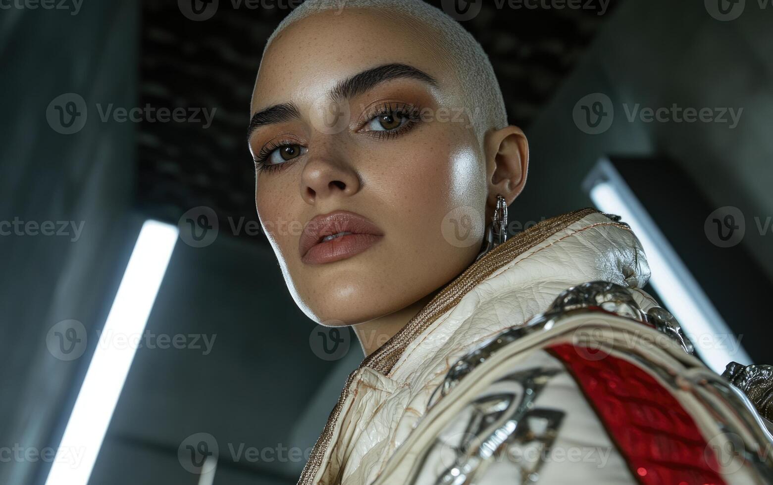 A model with a shaved head strikes a confident pose, wearing an elaborate jacket. The backdrop features dramatic lighting and a contemporary design, enhancing the striking look photo