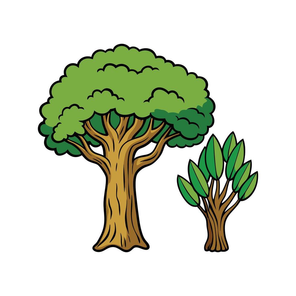 Distinct Olive Tree and Indian Banyan Tree Outline Art. Cartoon Art Tree Illustration. vector