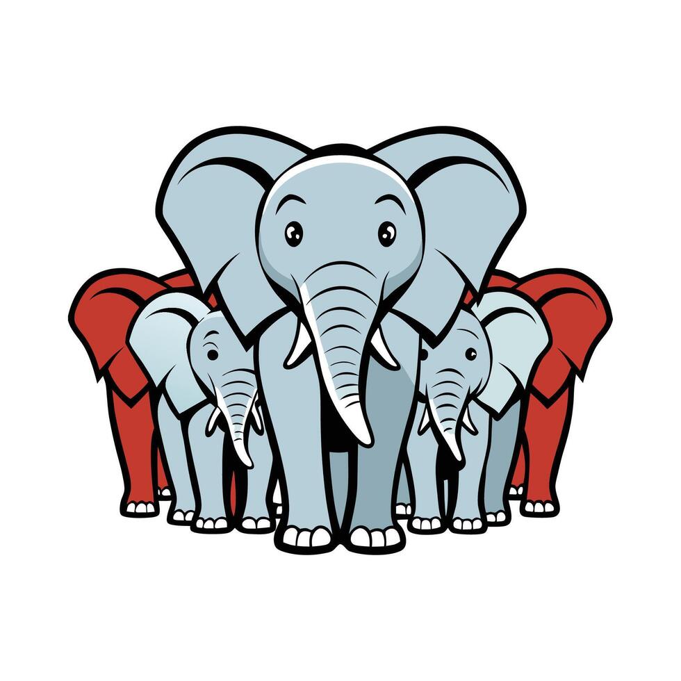 Distinct Elephant Herd Outline Art. Cartoon Art Tree Illustration. vector