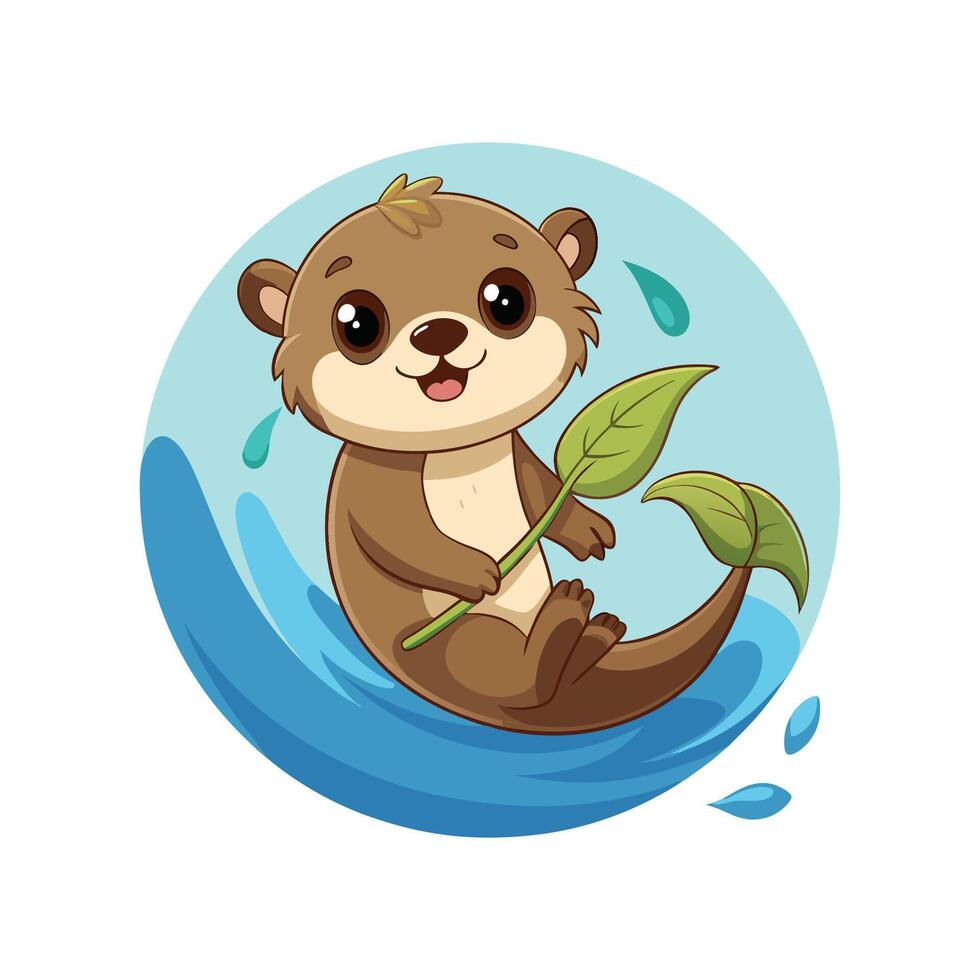 Cute Baby Otter Holding Leaf vector
