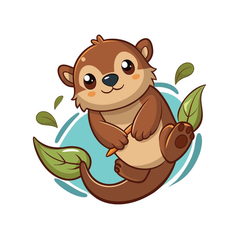 Delightful Baby Otter Enjoying Leaf vector