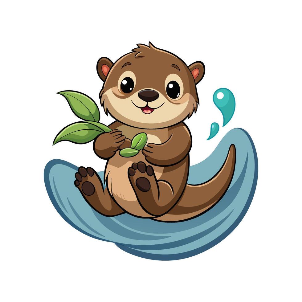 Adorable Baby Otter with Leaf vector