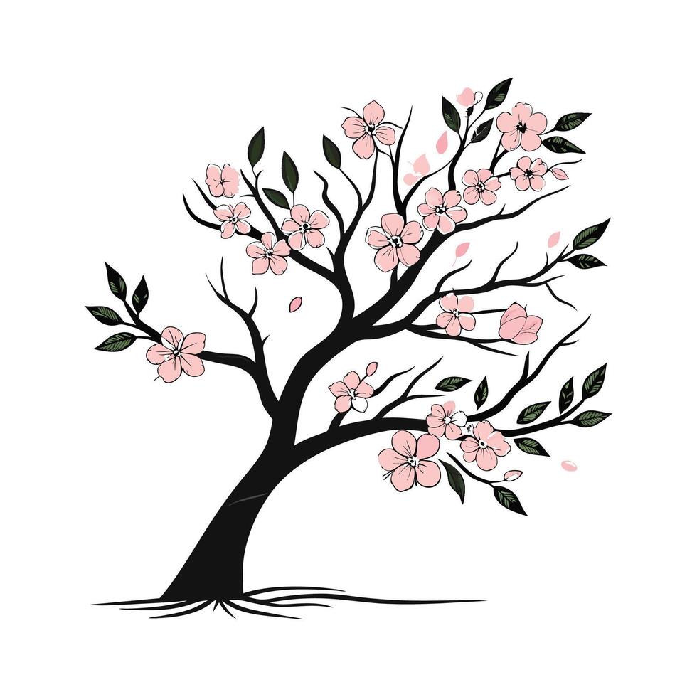 Charming Cherry Blossom Tree Bold Outline Art vector