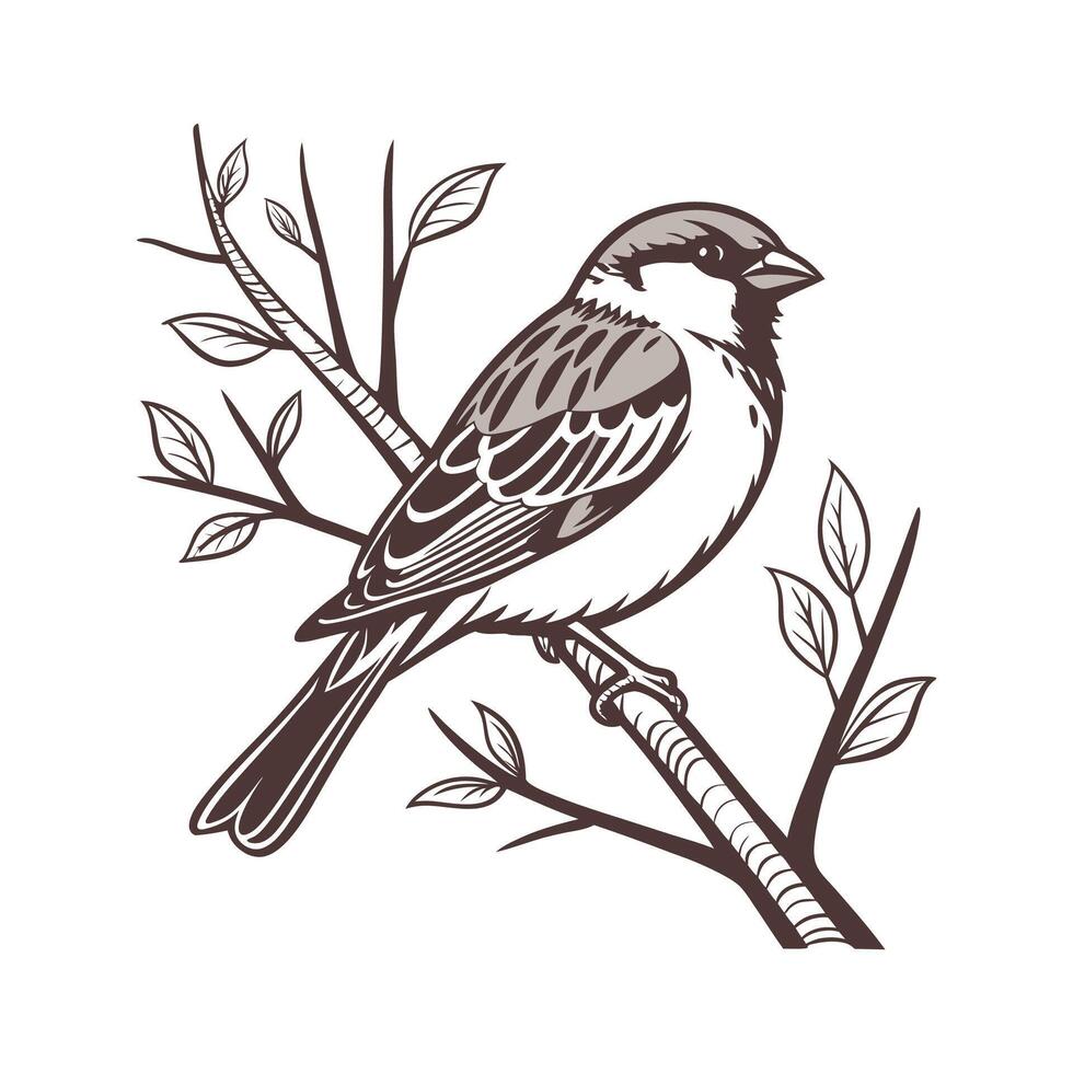 Charming Sparrow on a Branch Outline for Design vector