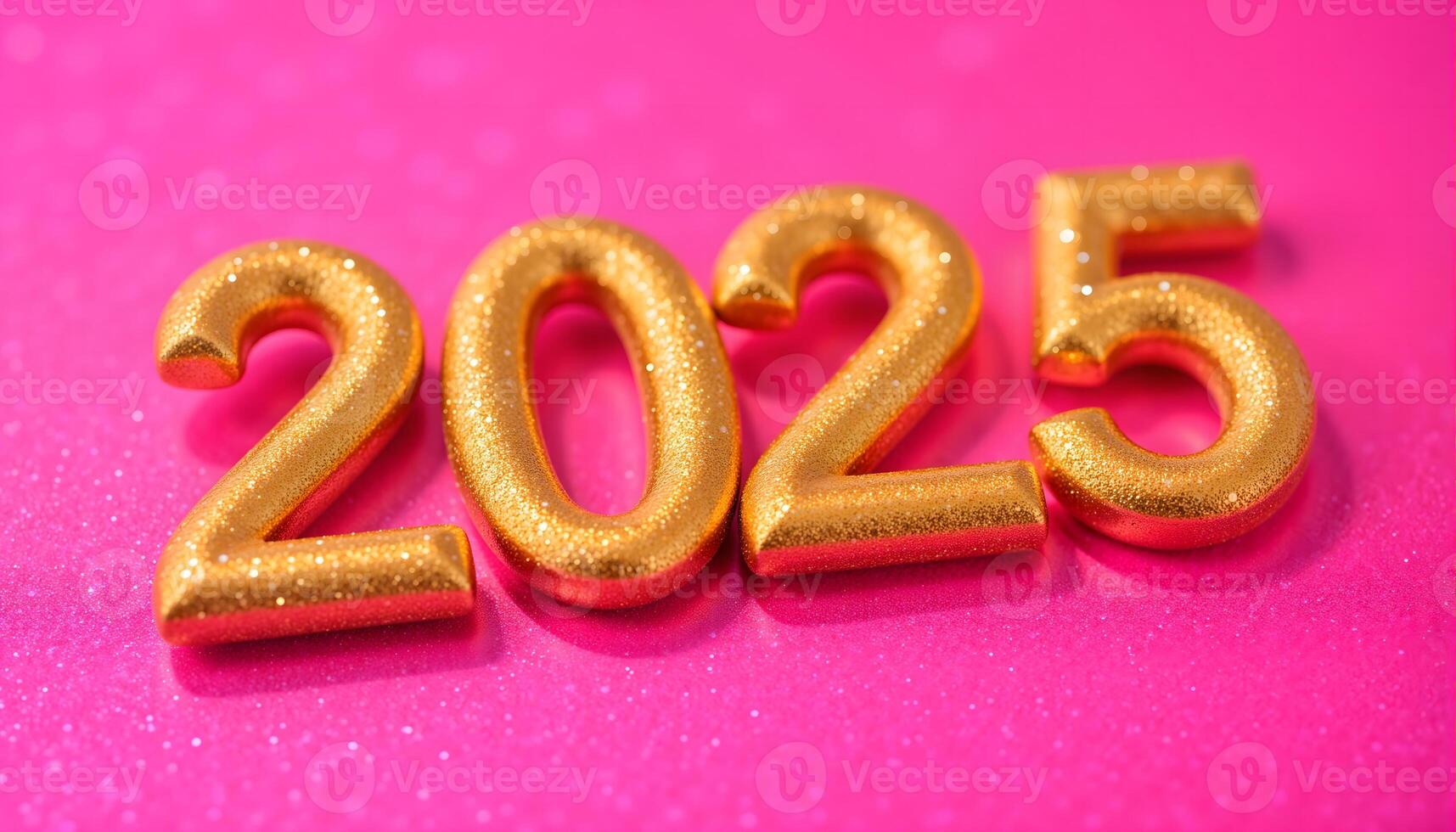 Golden 2025 Numbers on Pink Glitter Background, New Year Concept photo