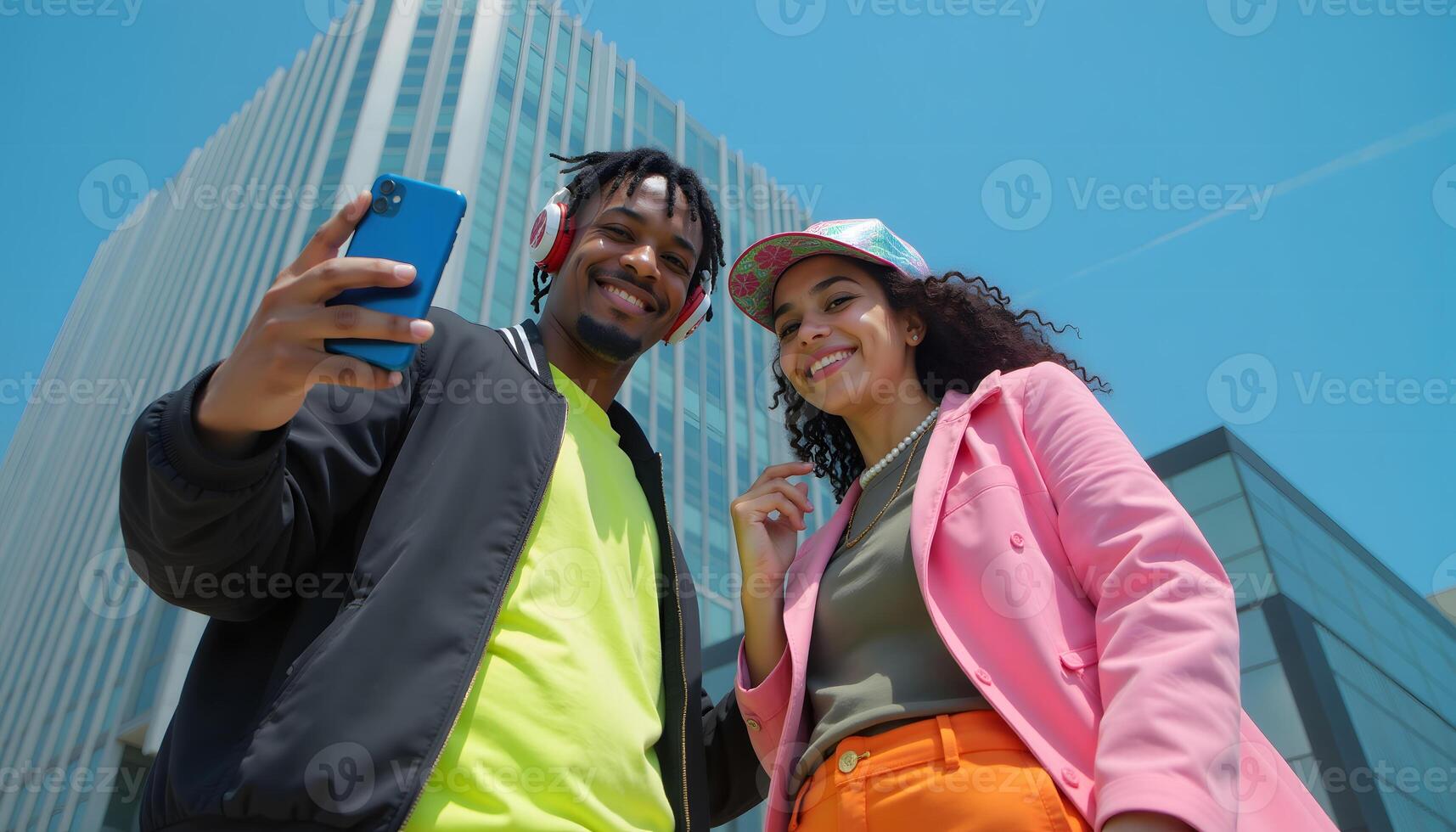 Gen Z Couple Taking Selfie in Front of Modern Building photo