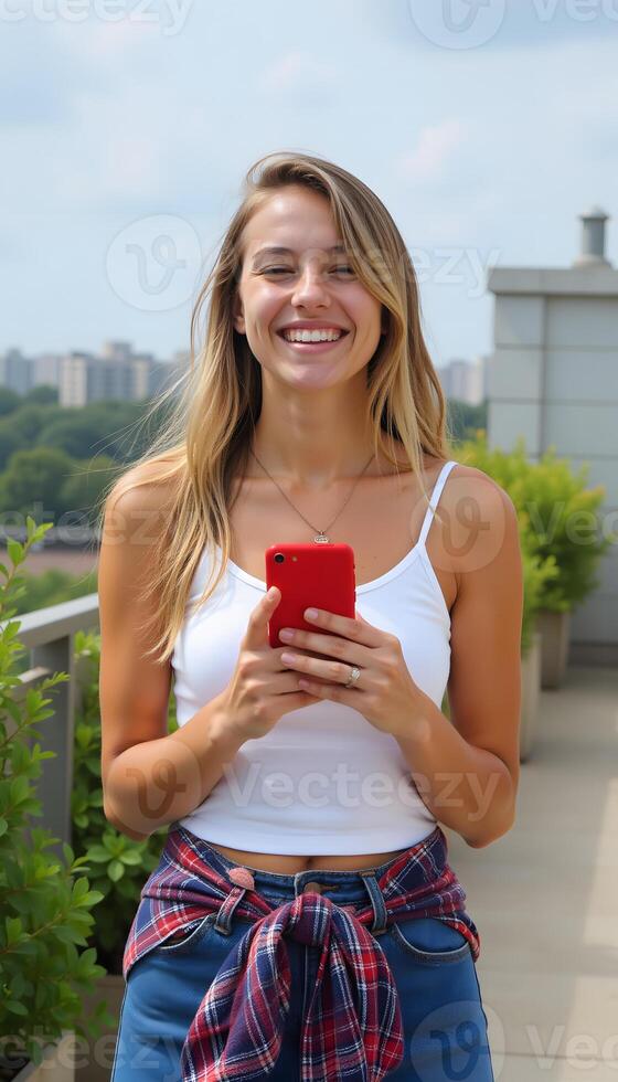 Smiling Gen Z Woman Using Red Smartphone on Rooftop photo