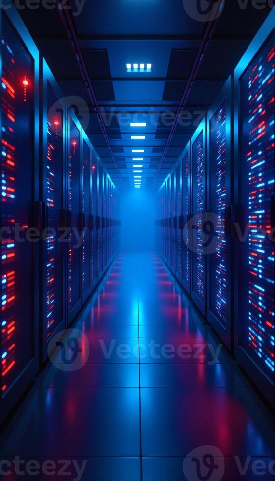 Server Room Corridor with Red and Blue Lights photo