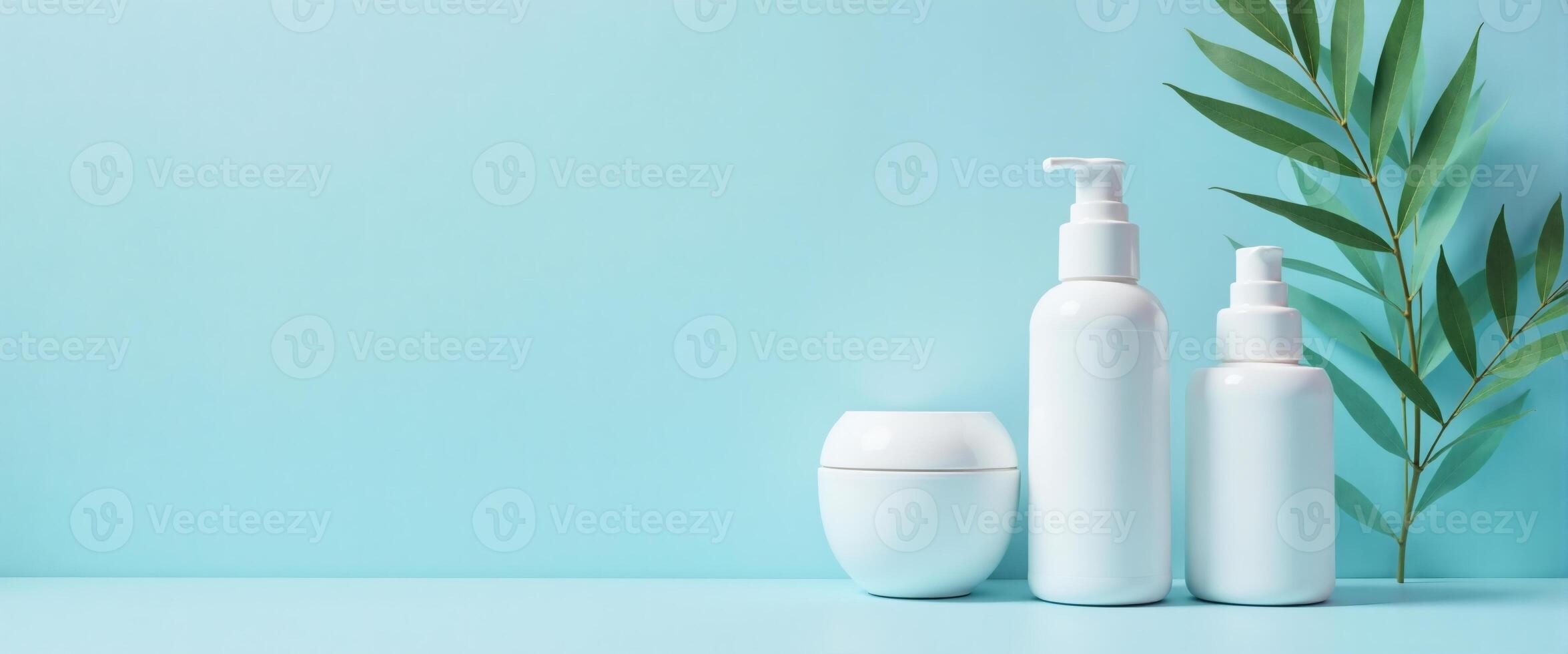 Cosmetic Product Set with Eucalyptus on Light Blue Backdrop photo