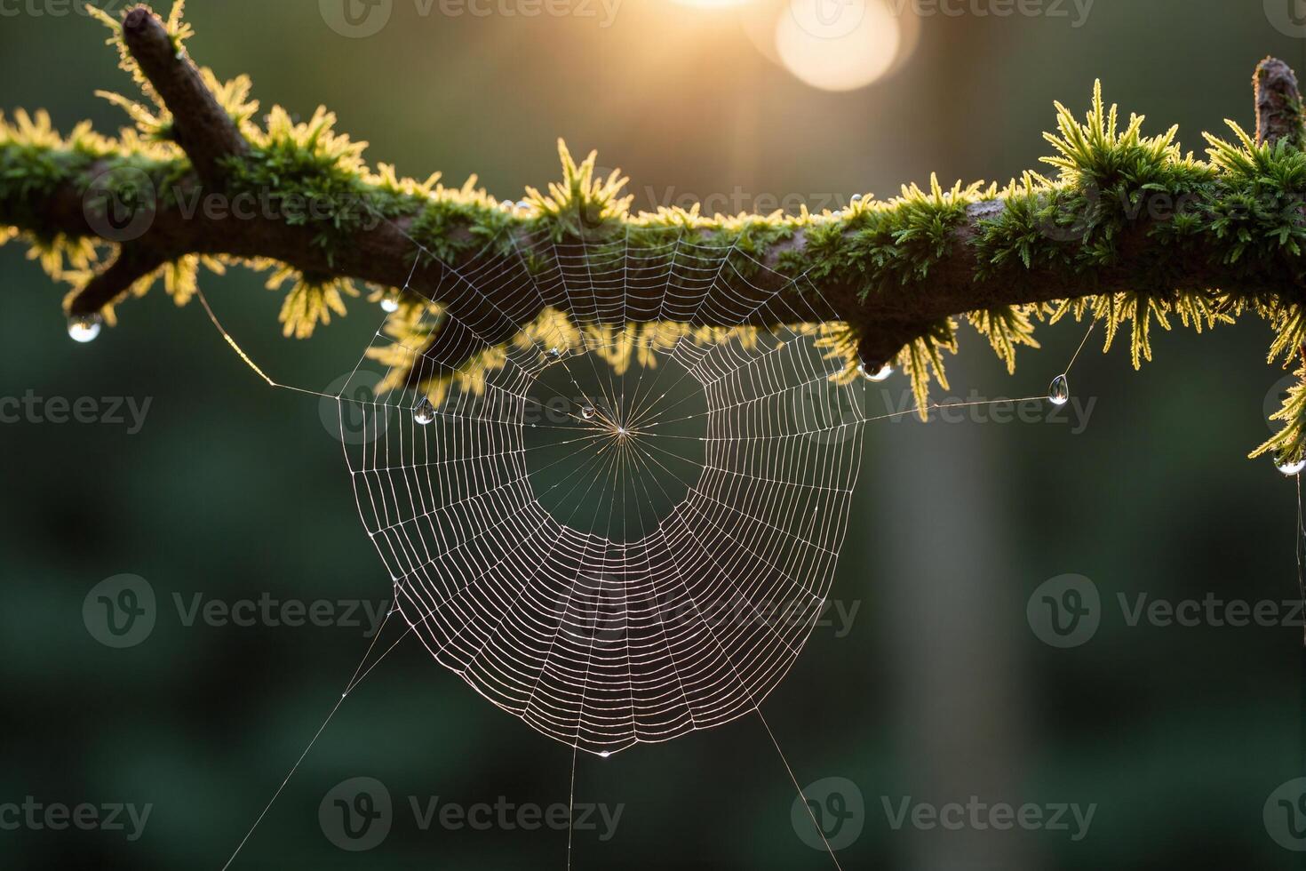 A spider web is shown in the sunlight photo