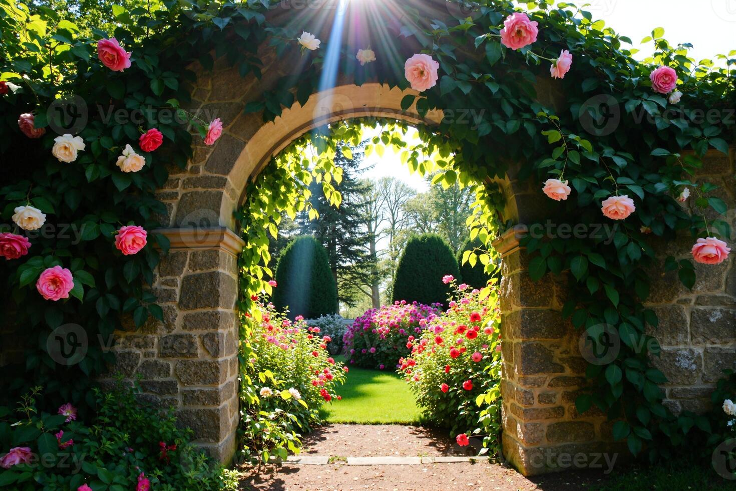A garden with flowers and a stone archway photo