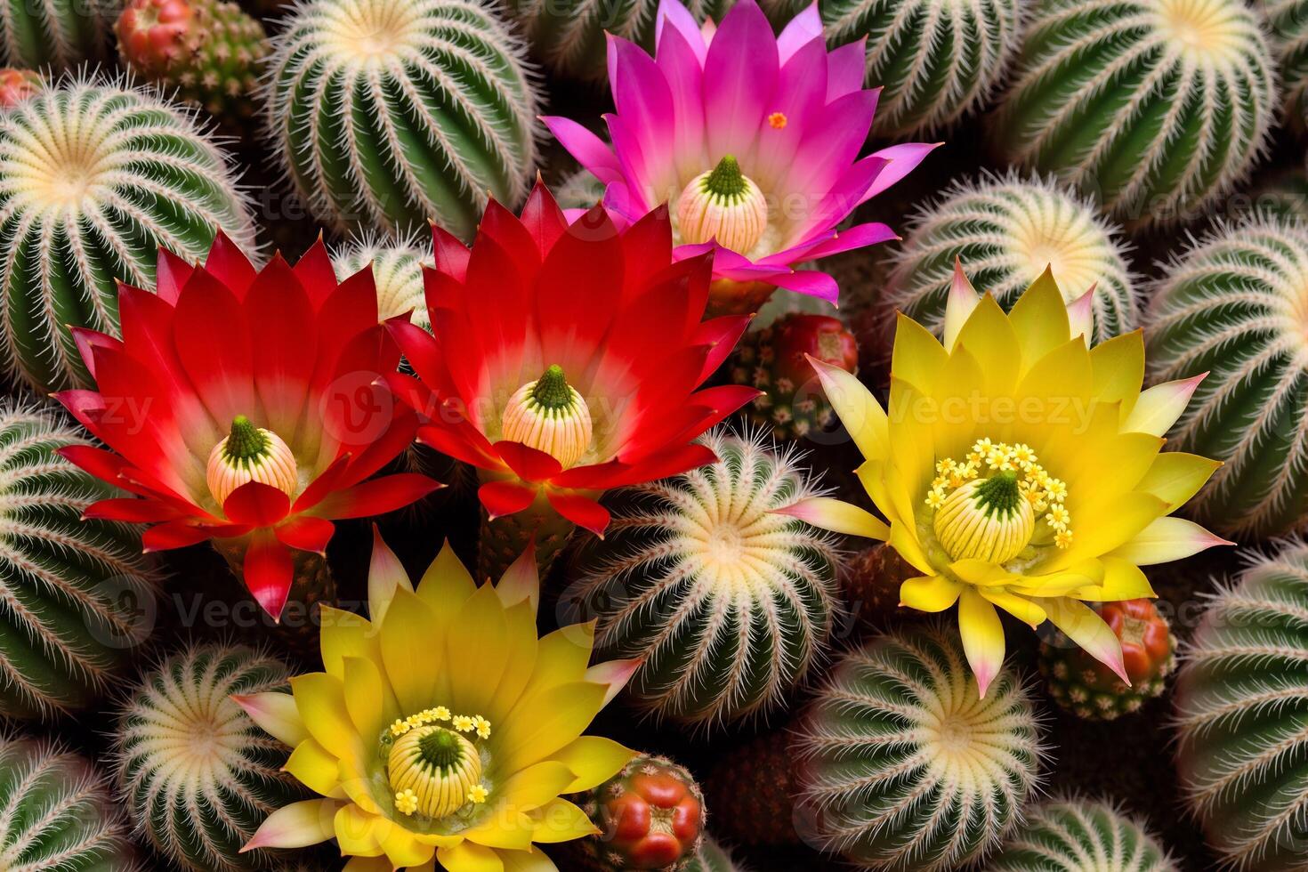 A group of colorful cactus flowers photo
