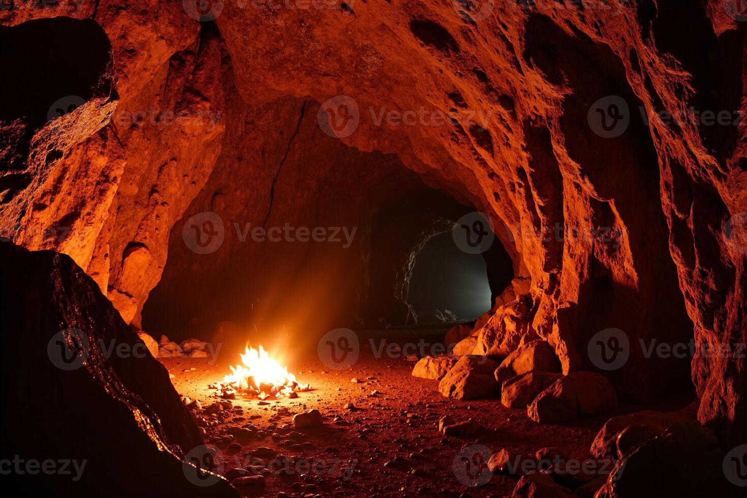 A fire is lit in a cave at night photo