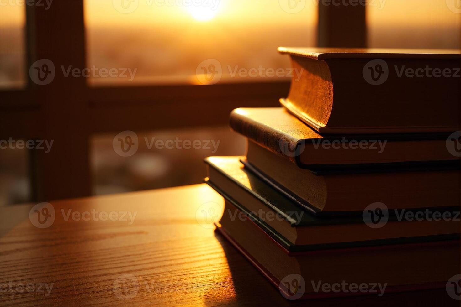 A stack of books on a table in front of a window photo