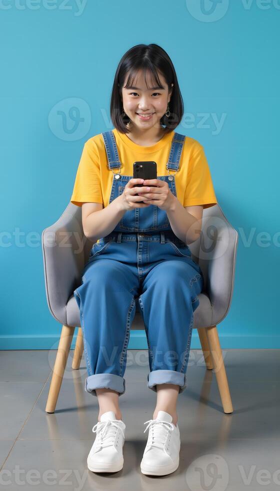 Gen Z Woman Using Smartphone While Sitting in Chair photo