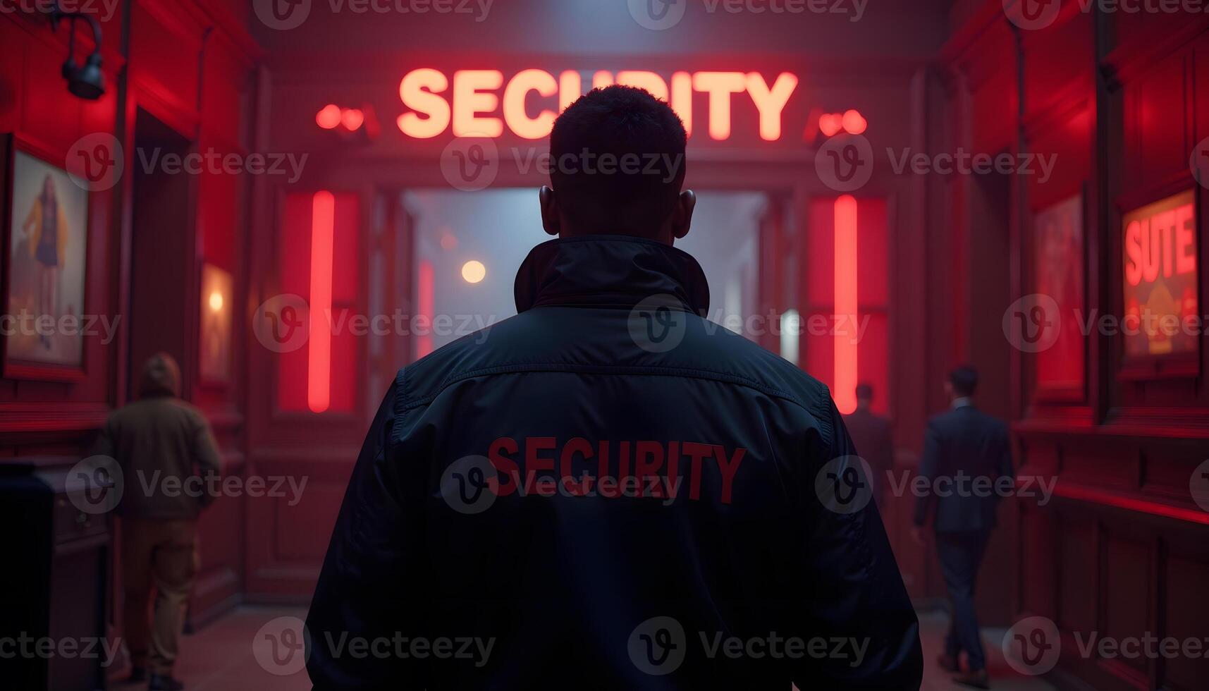 Security Guard Standing in Hallway with Red Neon Lights photo
