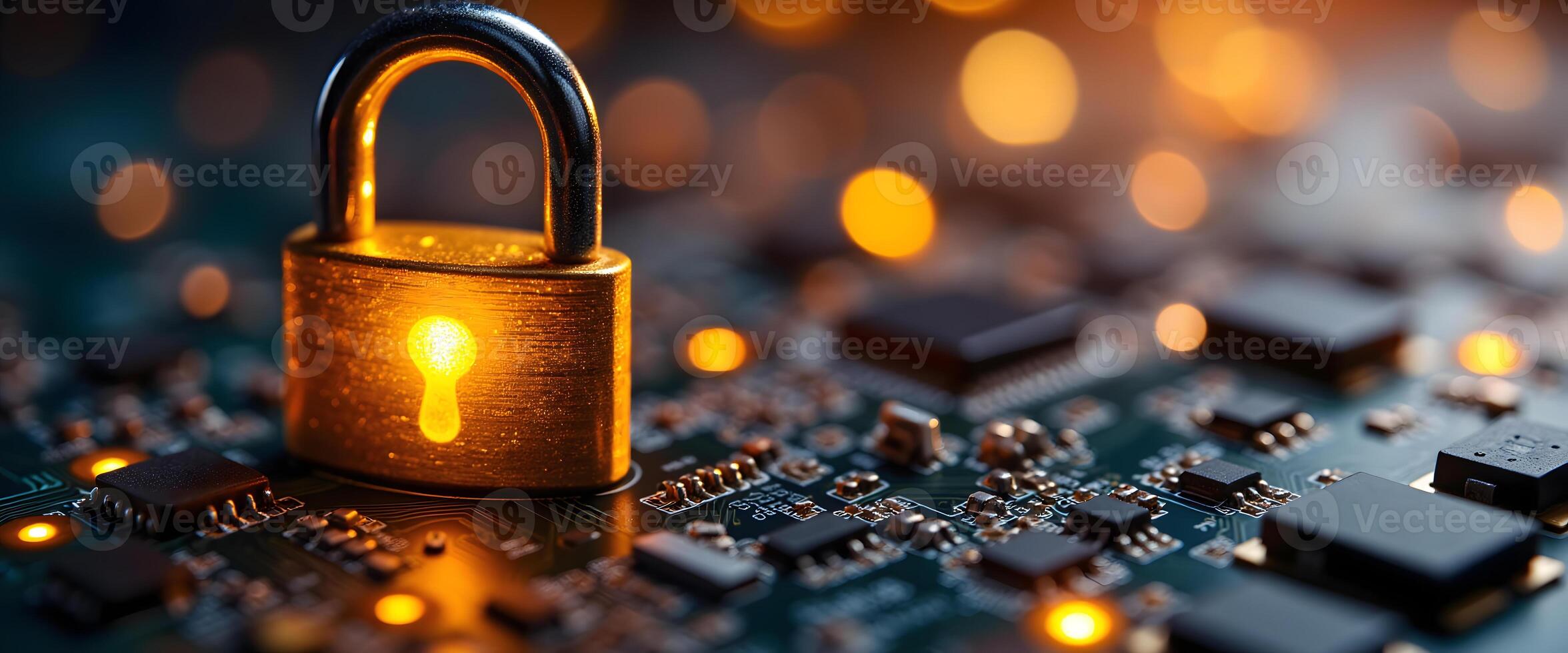 Golden Padlock Securing Circuit Board with Bokeh Lights photo