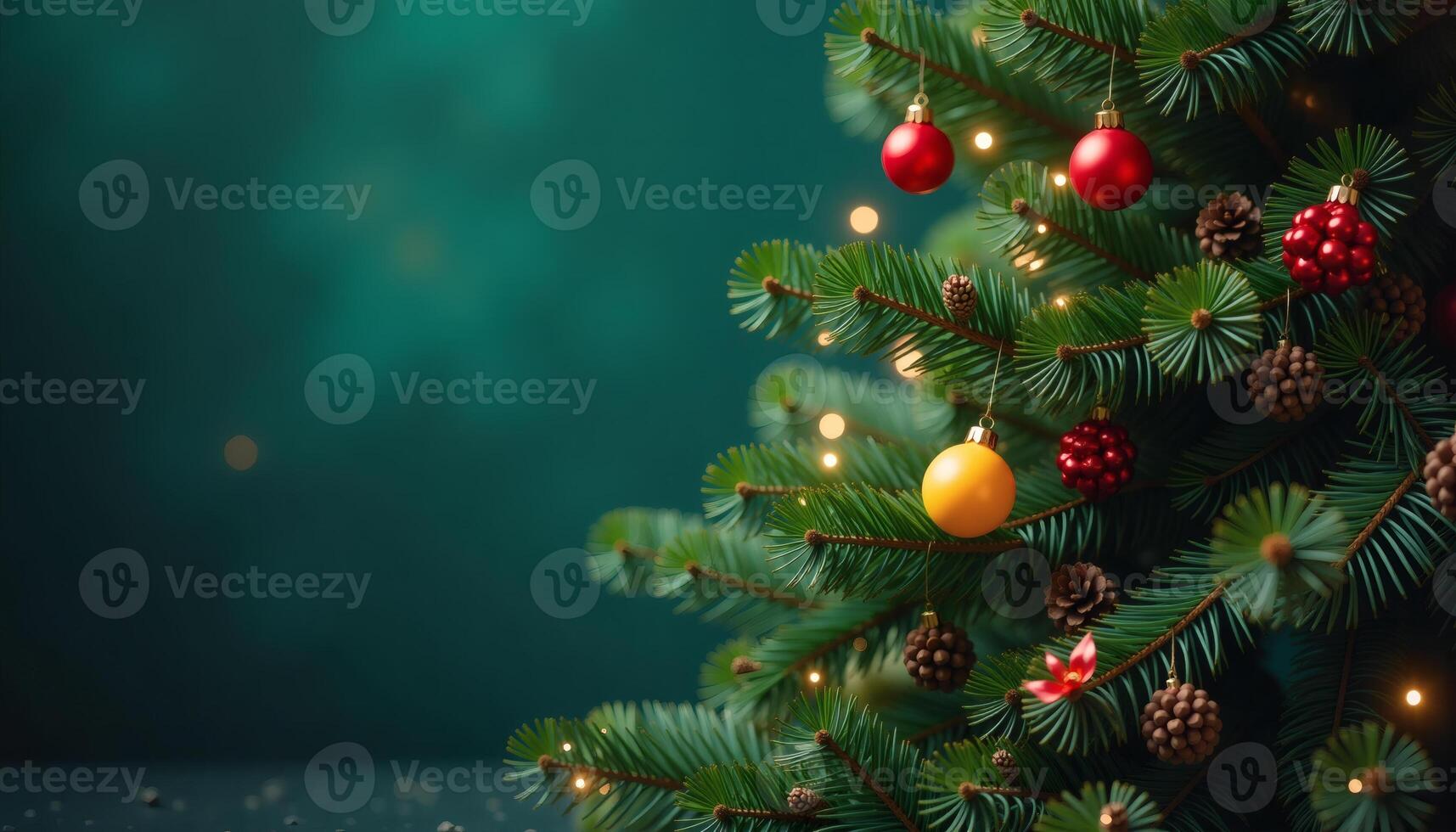 Christmas Tree Decorated with Ornaments and Pine Cones on Green Background photo