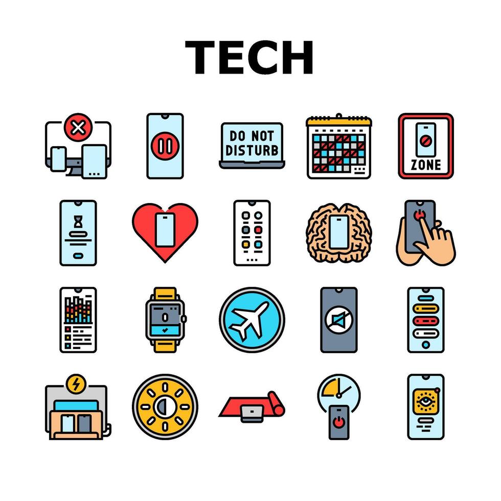 mindful tech engagement balance. icons set vector