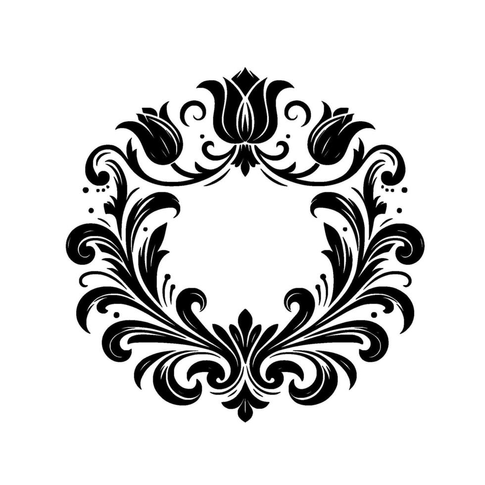 Elegant Black Floral Wreath with Symmetrical Arrangement, Featuring Tulips, Leaves, and Swirls on a White Backdrop. vector